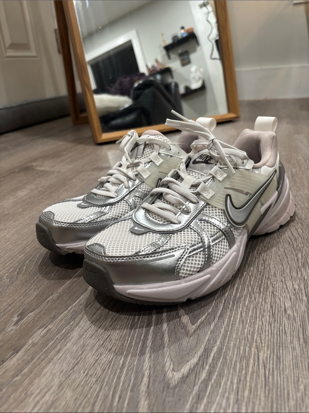 Nike Women’s Silver and White Mesh Trainer Sneakers style V2K Run Sneaker